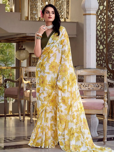 Awesome Yellow Chiffon Printed Casual Wear Saree With Blouse - Ethnic Plus In